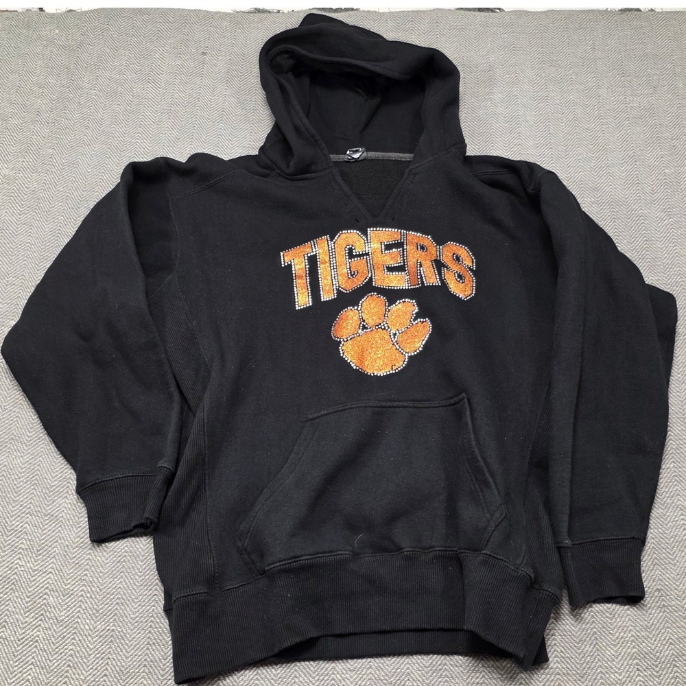J‎ America Tigers Hoodie Black Glitter Rhinestone Paw Print Pullover Large